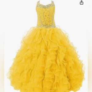 Girls' Crystal Body Straps Layered Ball Gown Ruffles Pageant Dress